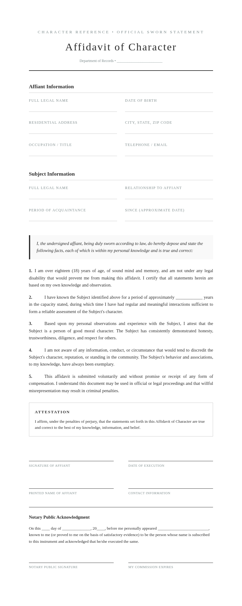 Academic Formal Affidavit of Character
